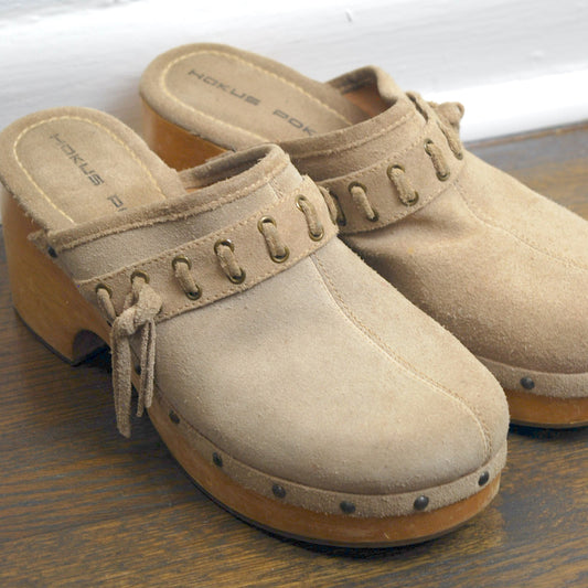 Vintage Hokus Pokus Wooden Suede Leather Platform Mules