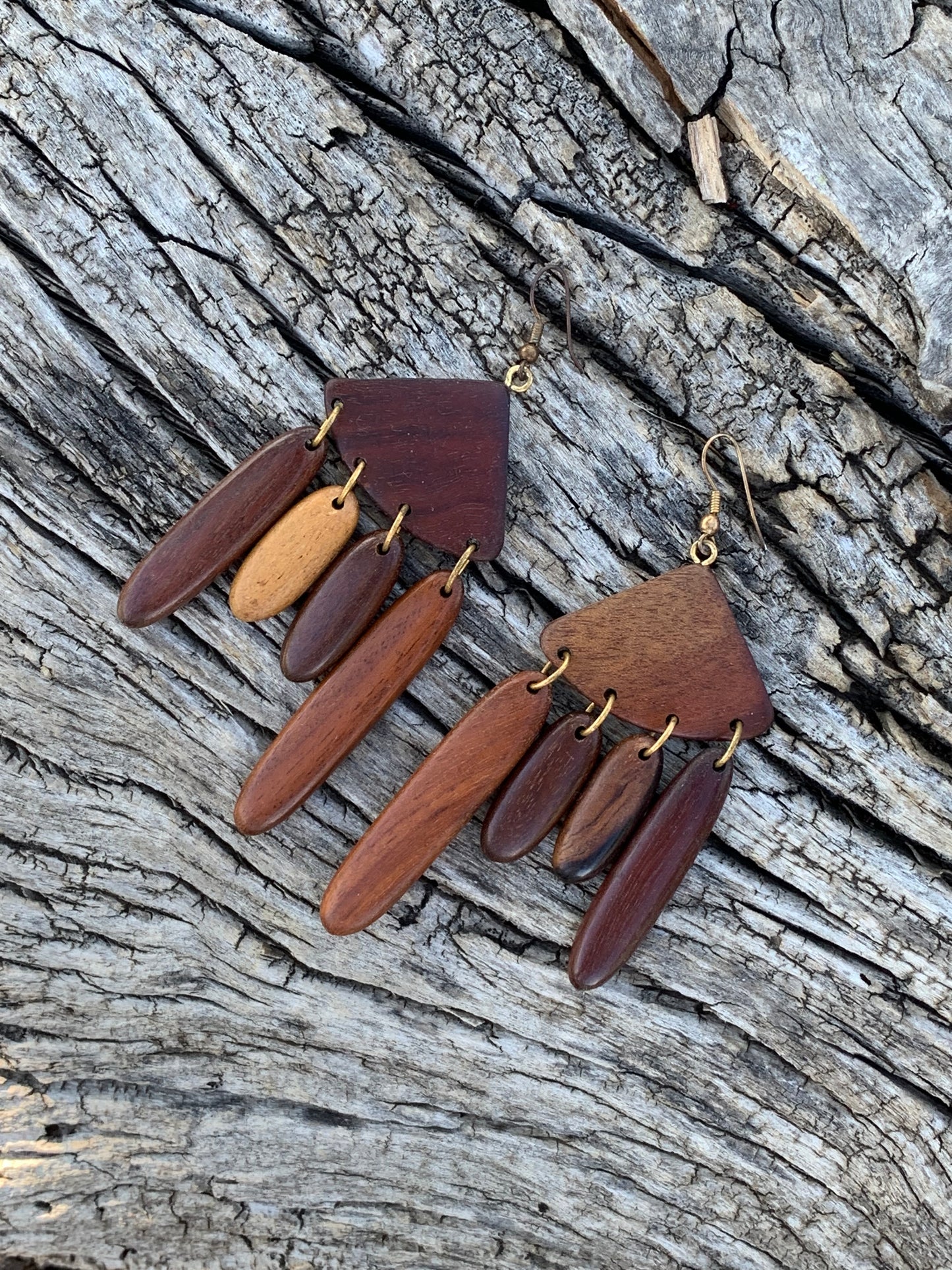 Handmade Multi Color Oval Wood Fringe Dangle Earrings