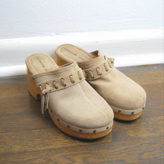 Vintage Hokus Pokus Wooden Suede Leather Platform Mules Clogs