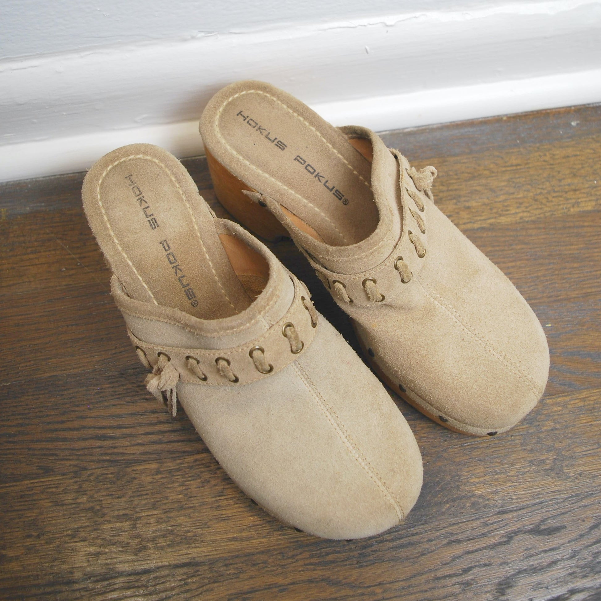 Vintage Hokus Pokus Wooden Suede Leather Platform Mules