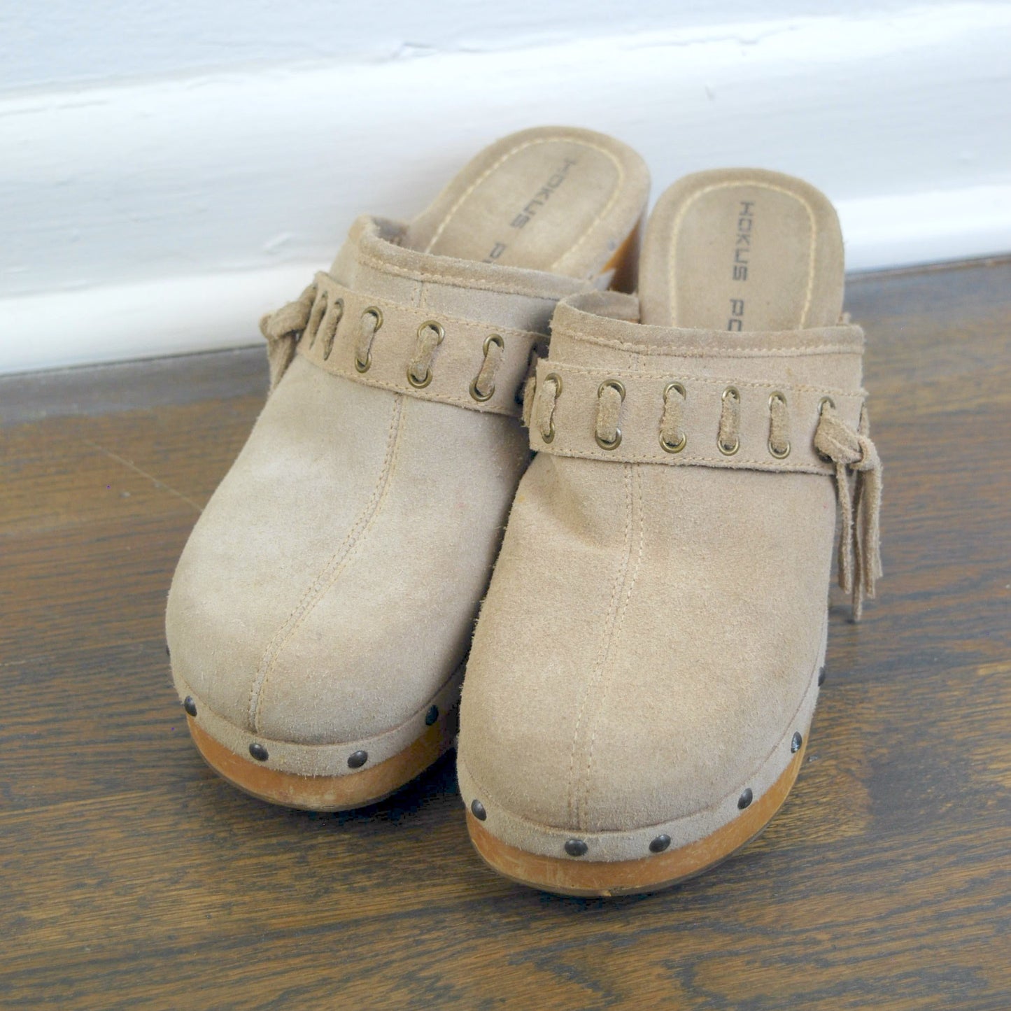 Vintage Hokus Pokus Wooden Suede Leather Platform Mules