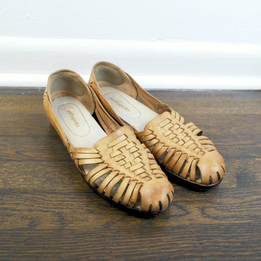 Vintage Softspots Trinidad Leather Haurache Woven Slip On Sandal