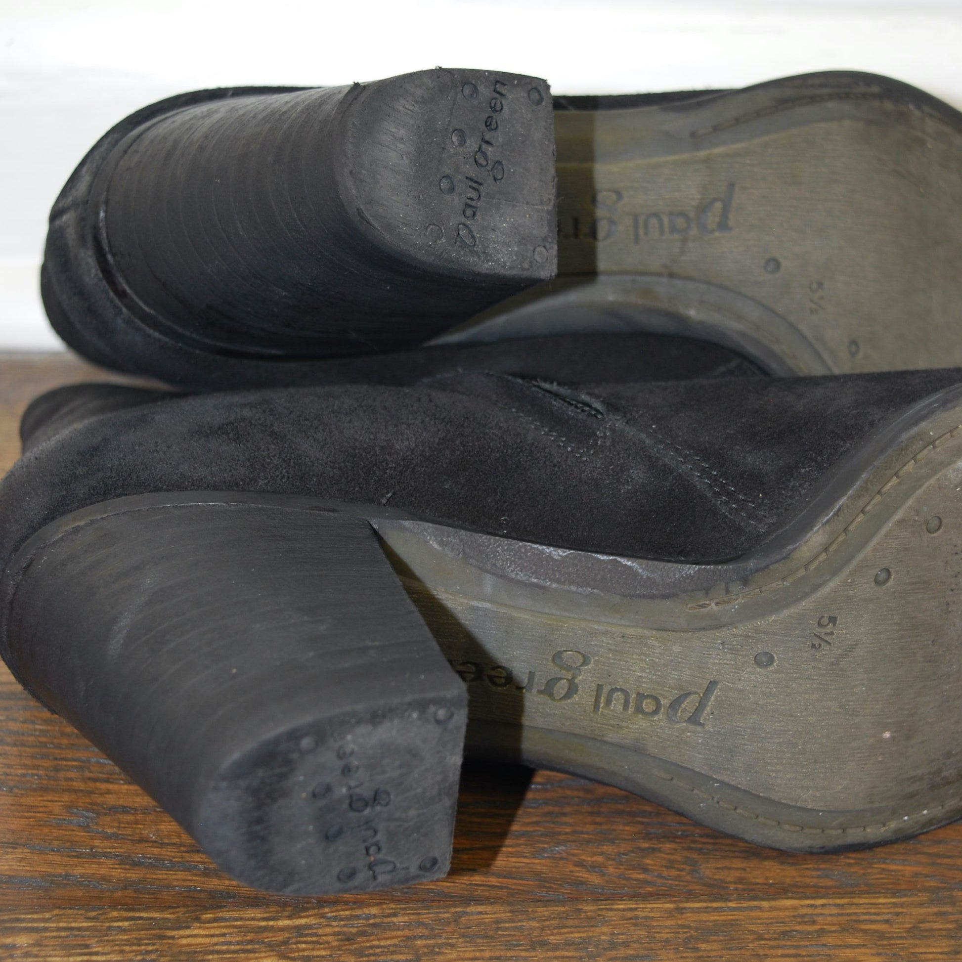 Pair of black shoes on a wooden surface with a white background