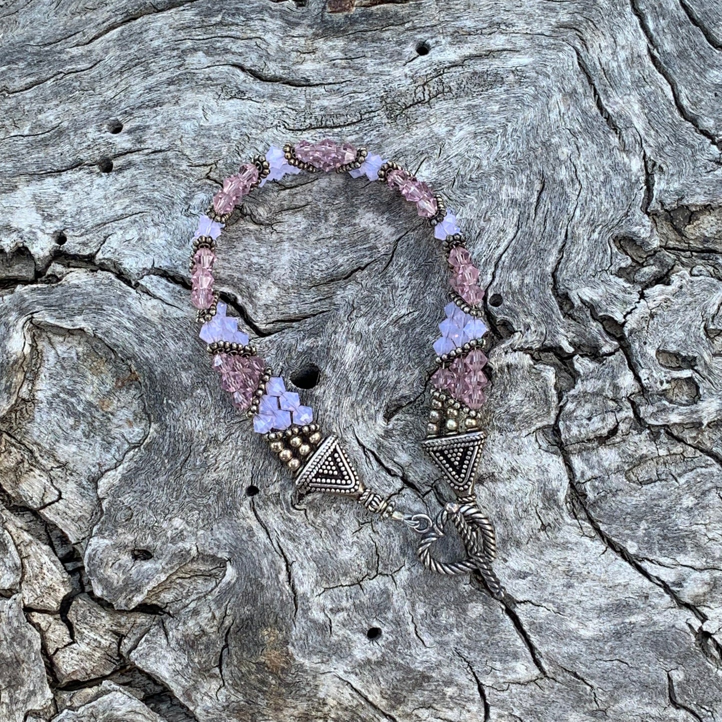 Pink & Purple Stone Woven Beaded Triangle Heart Bracelet
