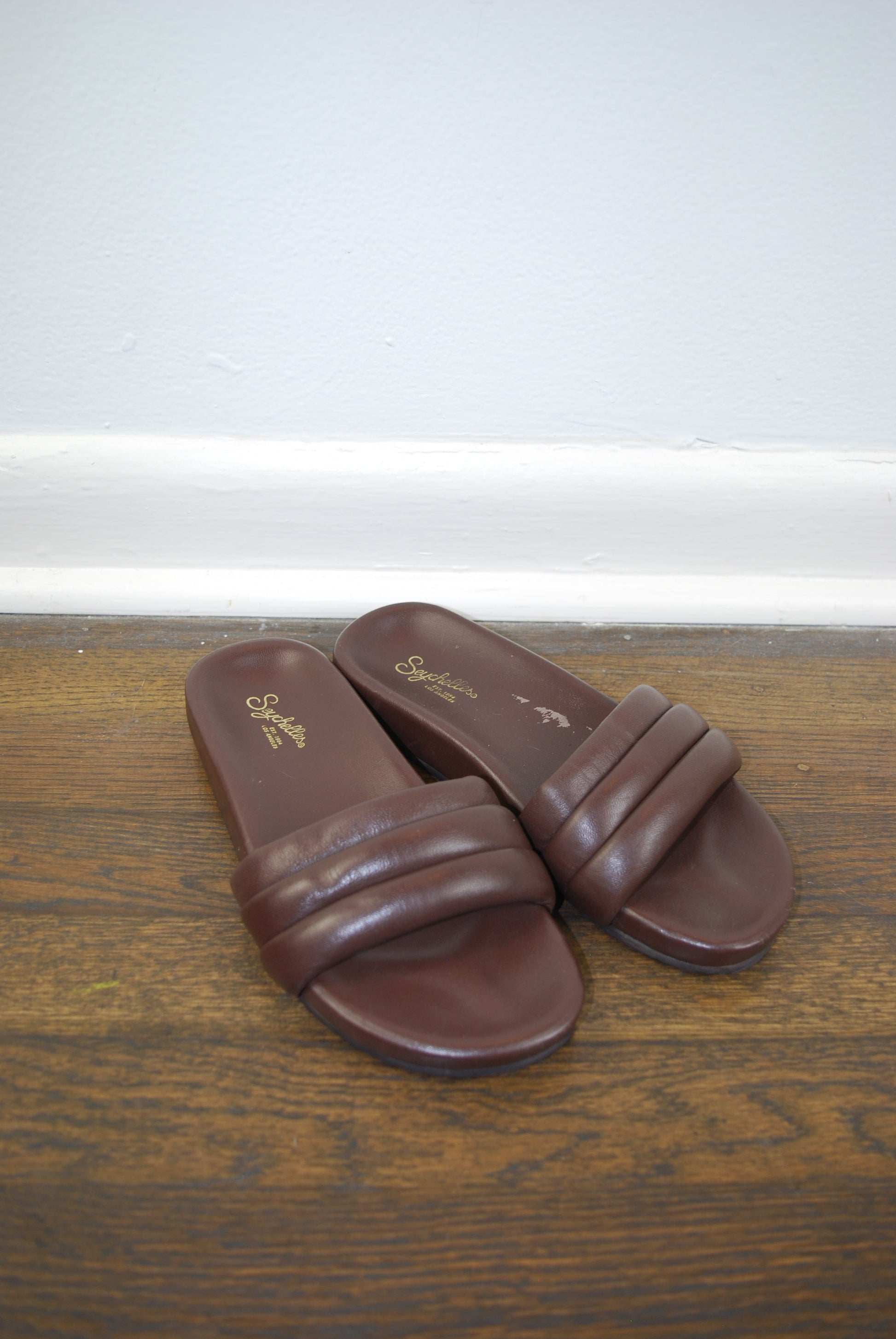 Pair of brown slides on a wooden surface with a white background
