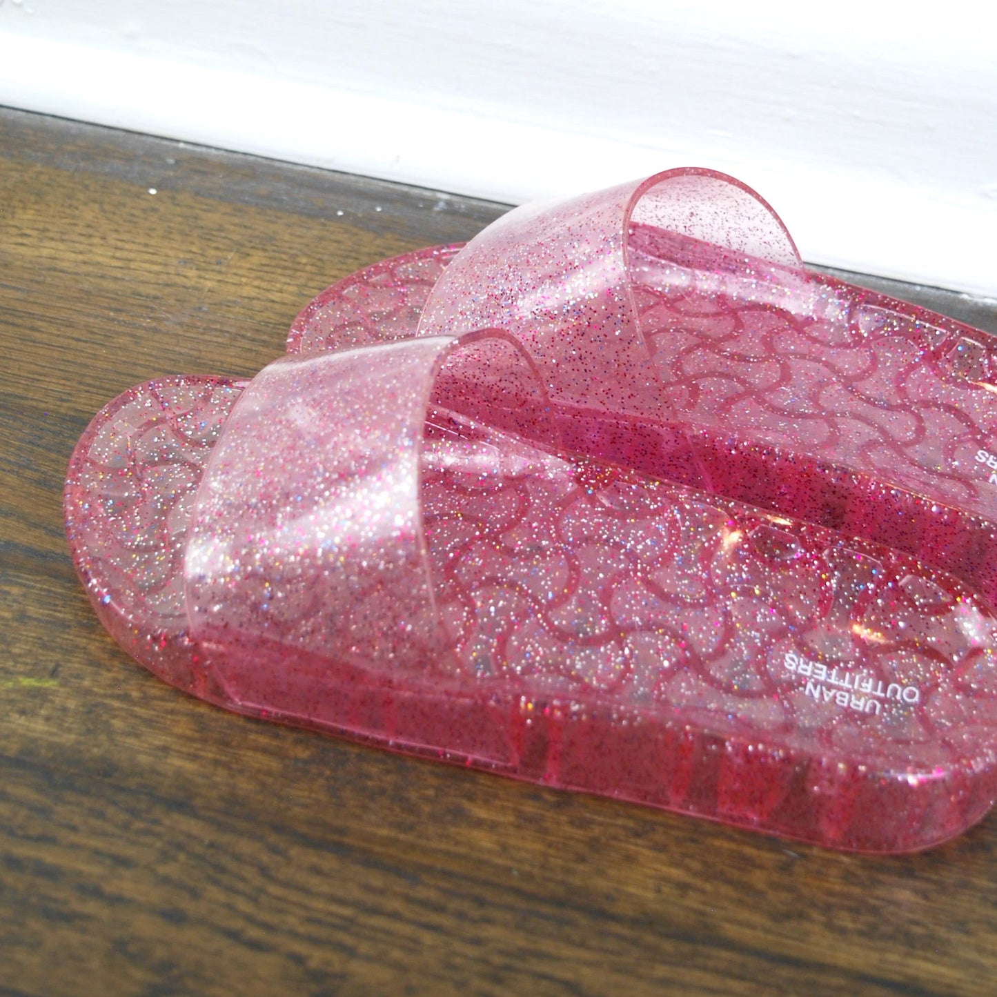 NEW Urban Outfitters Pink Glitter Gelly Slides Slip On Sandals